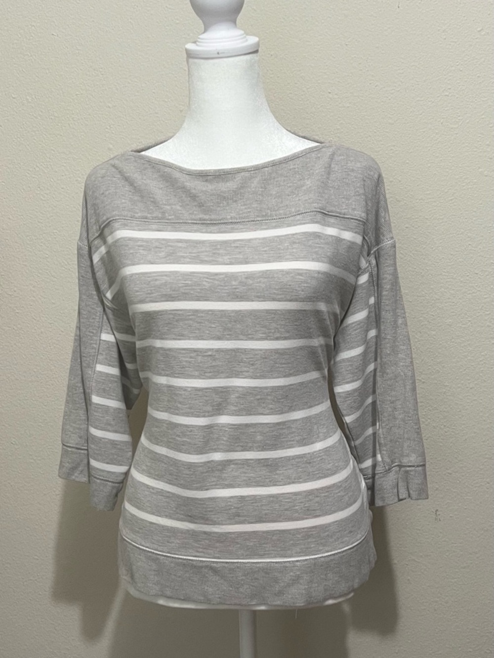 Ralph Lauren Gray and White Striped Boatneck Sweatshirt-Sz PM